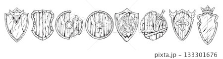 Hand drawn shield icon set, doodle medieval warrior armor, wooden viking protection equipment art. Hand drawn shield icon set, doodle medieval warrior armor, wooden viking protection equipment art. 133301676