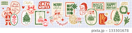 Christmas holiday sticker set, hand drawn doodle New Year winter badge pack, greeting quote print.  133301678