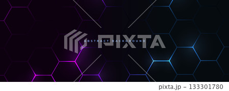 Dark hexagon abstract technology background with blue and pink colored bright flashes Dark hexagon abstract technology background with blue and pink colored bright flashes 133301780