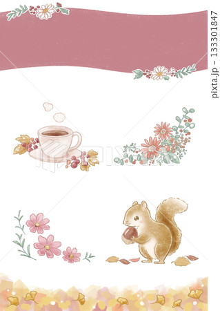 色鉛筆タッチの秋モチーフイラスト&タイトルフレームセット（お花、コーヒー、リス、銀杏、ピンク） 133301847