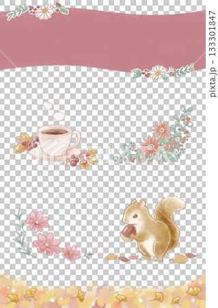 色鉛筆秋季主題插畫及標題框組（花、咖啡、松鼠、銀杏、粉紅色） 133301847