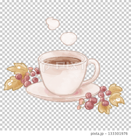 A softly drawn colored pencil illustration of coffee with nuts and leaves. A softly drawn colored pencil illustration of coffee with nuts and leaves. 133301976