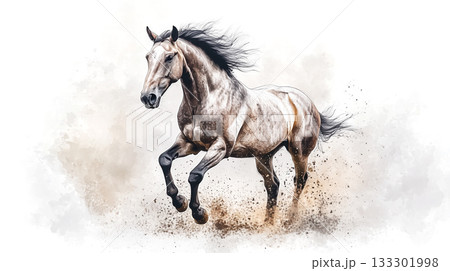 砂煙を巻き上げながら駆ける馬をアート風に描いたダイナミックな