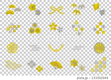 手描き風 和柄文様のワンポイント金銀イラスト素材セット 133302044