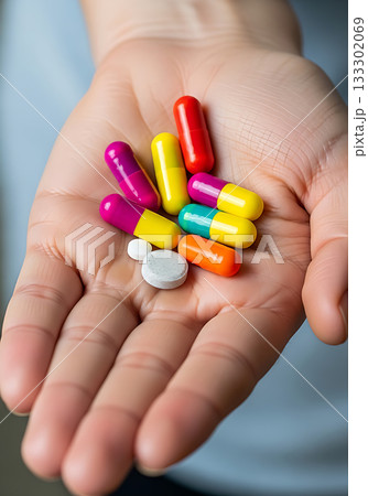 Hand holding colorful pills and capsules, concept of medicine and healthcare Hand holding colorful pills and capsules, concept of medicine and healthcare 133302069