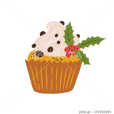A festive hand draw Christmas cupcake with whipped cream, chocolate chips, and holly berry decoration vector illustration A festive hand draw Christmas cupcake with whipped cream, chocolate chips, and holly berry decoration vector illustration 133302083