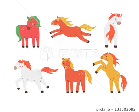 Set of cute cartoon horse characters in joyful poses vector illustration. Chinese New Year 2026 Set of cute cartoon horse characters in joyful poses vector illustration. Chinese New Year 2026 133302092