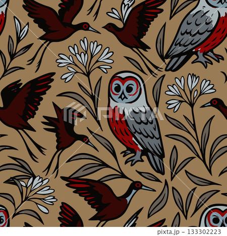 Abstract tropical seamless pattern. African lily, gray owl, jacanas tropical plants. Modern exotic design for paper and fabric. Vector illustration. 133302223