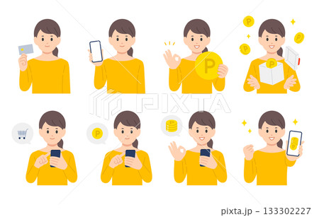 クレジットカードやスマホで買い物をする・ポイントを貯める若い女性のセット【人物ベクターイラスト素材】 クレジットカードやスマホで買い物をする・ポイントを貯める若い女性のセット【人物ベクターイラスト素材】 133302227