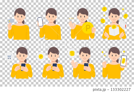A set of young women shopping with credit cards and smartphones and earning points [People vector illustration material] 133302227