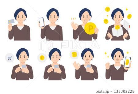 クレジットカードやスマホで買い物をする･ポイントを貯める中年女性のセット【人物ベクターイラスト素材】 133302229