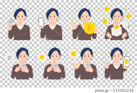 Set of middle-aged women shopping with credit cards and smartphones and earning points [People vector illustration material] 133302229