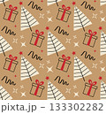 Winter seamless pattern with christmas trees, gift boxes, serpentine and stars. Design for textile, wallpaper, fabric, wrapping, giftwrap, paper, scrapbook and packaging. Vector illustration. 133302282