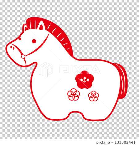 Stamp-style red material that can be used for New Year's cards and New Year's sales in 2026 (Reiwa 8), featuring a Japanese-style horse figurine and plum blossoms. 133302441