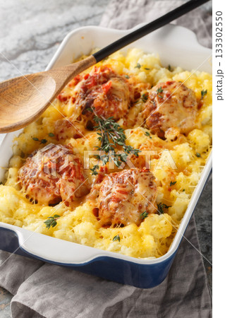 Casserole of meatballs and mashed potatoes with cheese, tomato sauce and herbs in a baking dish. Vertical 133302550