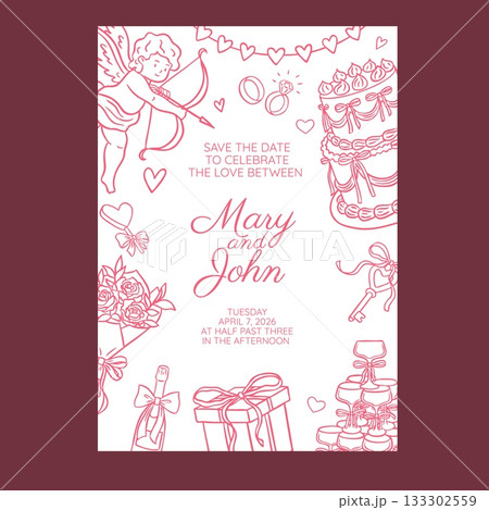 Cupid baby flies, cake, champagne, flowers, gift box on wedding invitation card pink line art, vector marriage celebrate 133302559