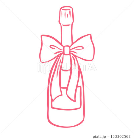 Hand-drawn champagne bottle with a bow, pink color, doodle sketch. Hand-drawn champagne bottle with a bow, pink color, doodle sketch. 133302562