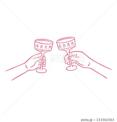 Friends hands holding champagne glasses and cheers or drinking toast to celebrate, vector pink line art beverage clink Friends hands holding champagne glasses and cheers or drinking toast to celebrate, vector pink line art beverage clink 133302563