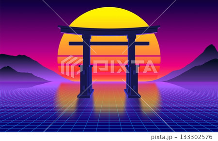 Synthwave Japanese torii gate with grid landscape and neon vaporwave sunset, lined sun. Mountain silhouettes in retro futuristic 1980s cover design Synthwave Japanese torii gate with grid landscape and neon vaporwave sunset, lined sun. Mountain silhouettes in retro futuristic 1980s cover design 133302576