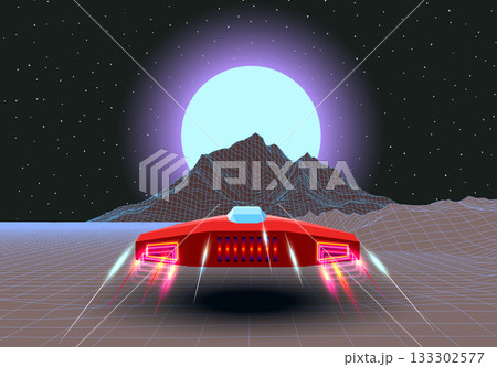 Arcade space ship flying to the sun over synthwave mountain peak Arcade space ship flying to the sun over synthwave mountain peak 133302577