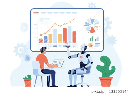 人間とロボットが協力してデータを分析するイラスト／AIと人の共創・協働を表現 133303144
