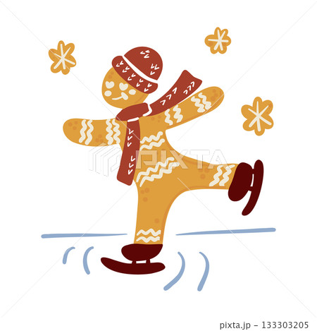 Gingerbread figure ice skating with winter accessories and playful icing details. This illustration conveys a joyful holiday activity concept 133303205