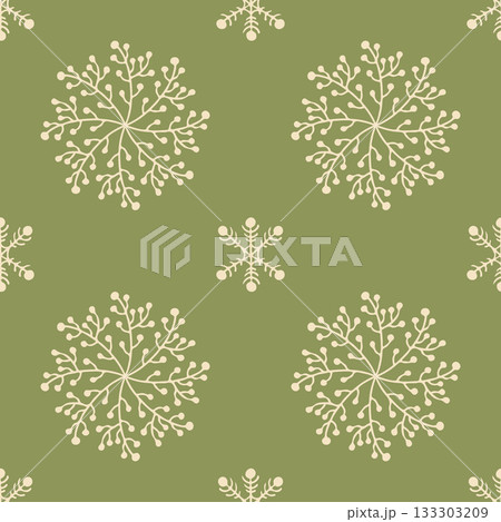 Seamless pattern with delicate botanical snowflakes on a muted green background. This illustration conveys a natural eco-friendly winter decor concept 133303209
