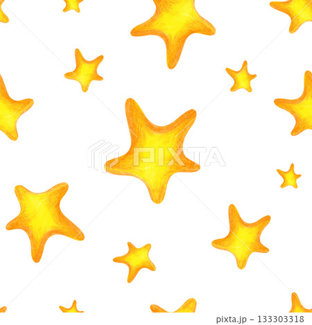 Seamless pattern with golden stars on a white background, drawn with pencils. The drawing with colored pencils is isolated. Seamless pattern with golden stars on a white background, drawn with pencils. The drawing with colored pencils is isolated. 133303318