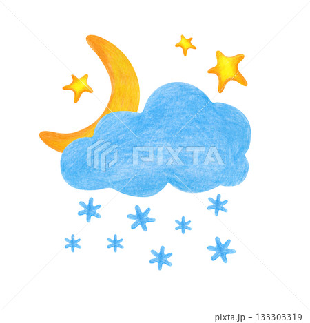 A crescent moon and golden stars peeking out of a snow cloud. Drawing with colored pencils on a white background. Isolated. A crescent moon and golden stars peeking out of a snow cloud. Drawing with colored pencils on a white background. Isolated. 133303319