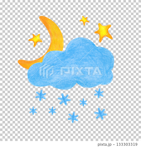 A crescent moon and golden stars peeking out of a snow cloud. Drawing with colored pencils on a white background. Isolated. A crescent moon and golden stars peeking out of a snow cloud. Drawing with colored pencils on a white background. Isolated. 133303319