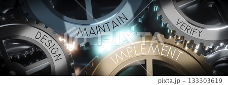 Design, implement, maintain, verify - gears concept - 3D illustration Design, implement, maintain, verify - gears concept - 3D illustration 133303619