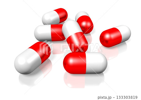 Many red and white pills isolated on white background - 3D illustration 133303819