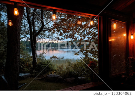 Cozy evening scene by the lakeside cabin 133304062