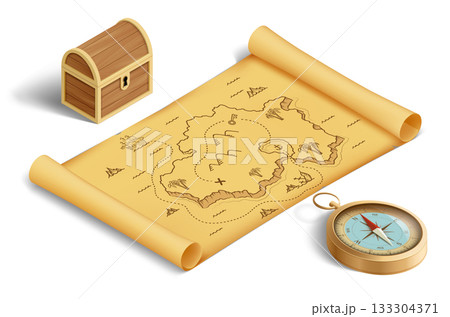 Old map of the island with treasures, chest and compass 133304371