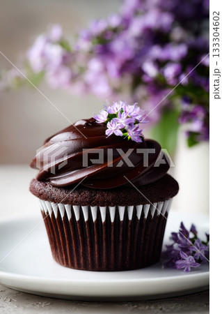 Chocolate cupcake with floral decoration on a plate 133304602