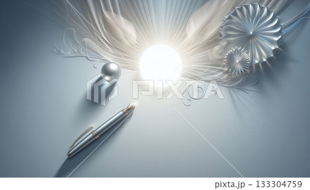 Elegant White Paper Background Pen Floral Ornament Silver Leaf Decoration Bright Light Copy Space for Invitation Message Letter Template Design 133304759