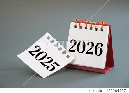 turning calendar page from 2025 to 2026, New Year calendar concept. desk calendar flip page for new year celebration 133304937