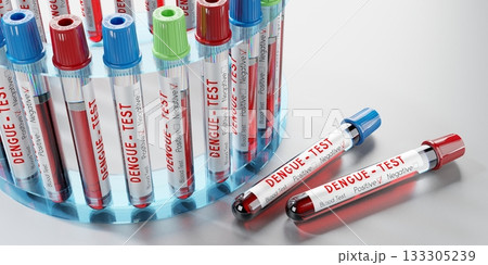 Dengue virus - test tubes, blood tests - 3D illustration Dengue virus - test tubes, blood tests - 3D illustration 133305239