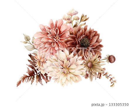 Autumn flowers leaves bouquet. Fall plants Dahlia Chrysanthemum Astra. Watercolor hand drawn floral illustration isolated on white background wedding home textile cosmetic package porcelain crockery 133305350