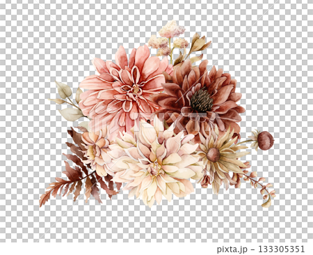 Autumn flowers leaves bouquet. Fall plants Dahlia Chrysanthemum Astra. Watercolor hand drawn floral illustration isolated on white background wedding home textile cosmetic package porcelain crockery 133305351