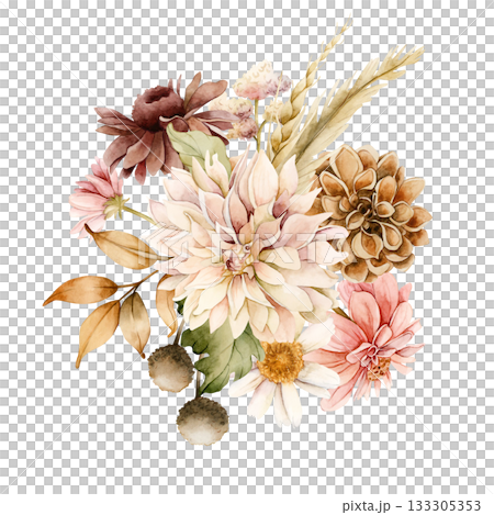 Autumn flowers leaves bouquet. Fall plants Dahlia Chrysanthemum Daisy. Watercolor hand drawn floral illustration isolated on white background wedding home textile cosmetic package porcelain crockery Autumn flowers leaves bouquet. Fall plants Dahlia Chrysanthemum Daisy. Watercolor hand drawn floral illustration isolated on white background wedding home textile cosmetic package porcelain crockery 133305353