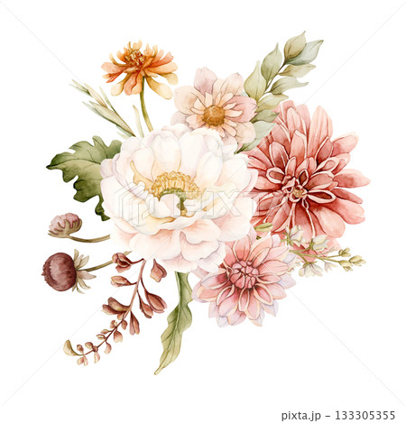 Autumn flowers leaves bouquet. Fall plants Dahlia Chrysanthemum Zinnia. Watercolor hand drawn floral illustration isolated on white background wedding home textile cosmetic package porcelain crockery 133305355