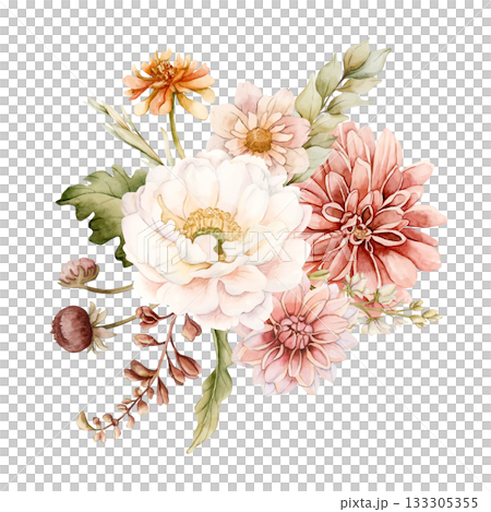 Autumn flowers leaves bouquet. Fall plants Dahlia Chrysanthemum Zinnia. Watercolor hand drawn floral illustration isolated on white background wedding home textile cosmetic package porcelain crockery 133305355