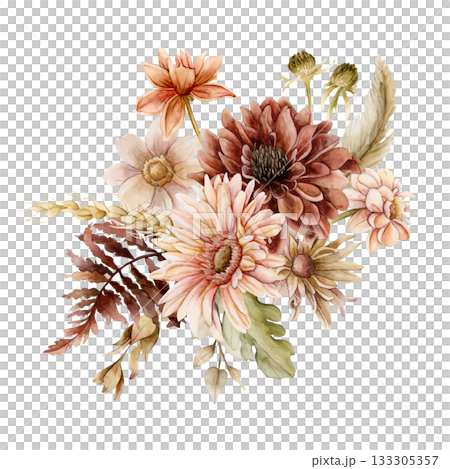 Autumn flowers leaves bouquet. Fall plants Dahlia Chrysanthemum Gerbera. Watercolor hand drawn floral illustration isolated on white background wedding home textile cosmetic package porcelain crockery Autumn flowers leaves bouquet. Fall plants Dahlia Chrysanthemum Gerbera. Watercolor hand drawn floral illustration isolated on white background wedding home textile cosmetic package porcelain crockery 133305357