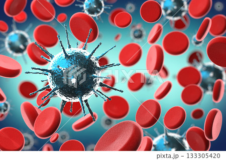 Coronavirus, Covid-19, SARS-CoV-2 virus and blood cells - 3D illustration Coronavirus, Covid-19, SARS-CoV-2 virus and blood cells - 3D illustration 133305420
