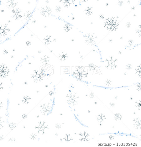 Cute winter snowflakes seamless pattern Falling snow flakes. Watercolor hand drawn illustration isolated on white background for baby nursery kids holiday Christmas print home textile wrapping paper 133305428