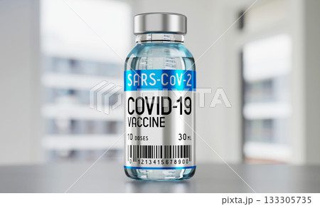 Covid 19, SARS CoV 2, coronavirus vaccine vial, defocused background - 3D illustration 133305735