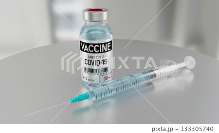 Covid 19, SARS CoV 2, coronavirus vaccine vial and syringe - 3D illustration 133305740
