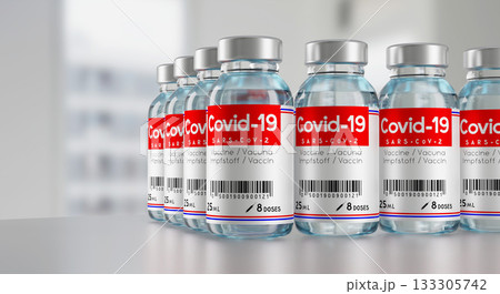 Covid 19, SARS CoV 2, coronavirus vaccine vials, defocused background - 3D illustration 133305742