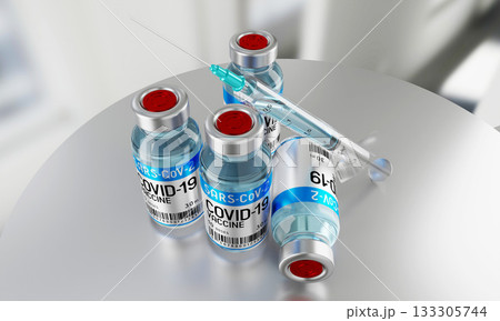Covid 19, SARS CoV 2, coronavirus vaccine vials and syringe - 3D illustration 133305744